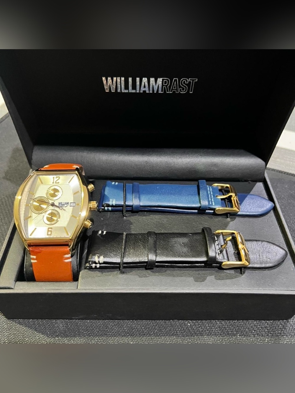 WILLIAM RAST Men's Watch Strap Set - Blue, Black, Brown with Gold Hardware